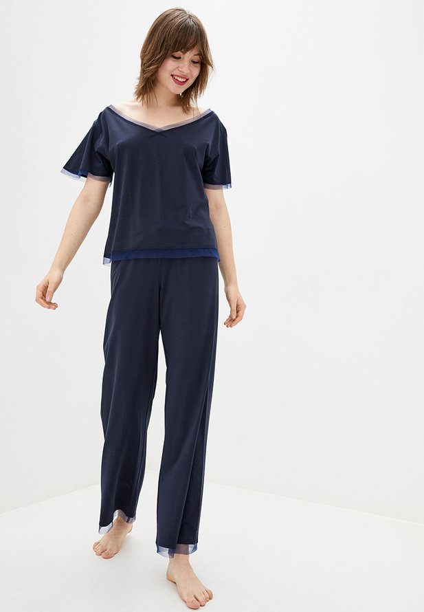 Жіноча піжама ORA темно-синього кольору, декорована сіткою., (50-52) XL