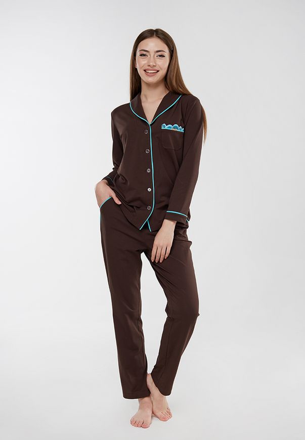 Пижама женская ORA коричневого цвета с бирюзовым кантом., (48-50) L