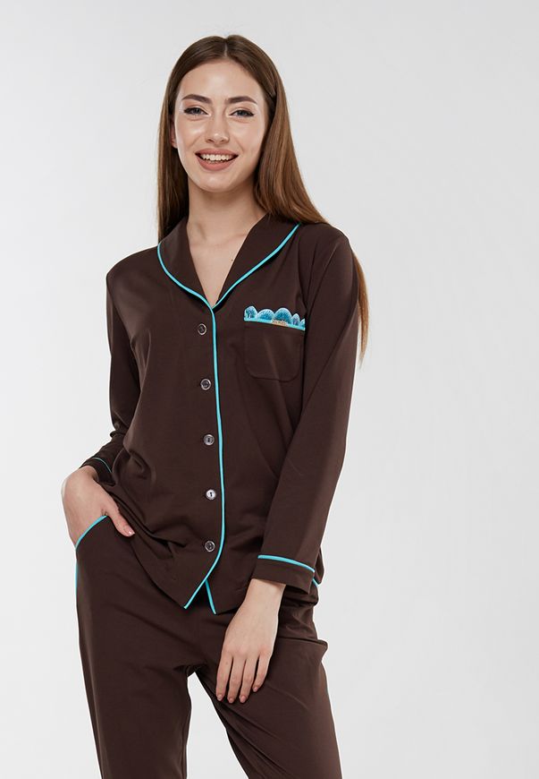Пижама женская ORA коричневого цвета с бирюзовым кантом., (48-50) L