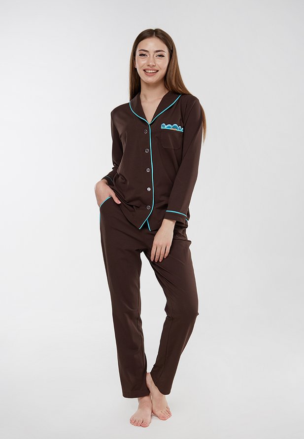 Жіноча піжама ORA коричневого кольору з бірюзовим кантом., (48-50) L