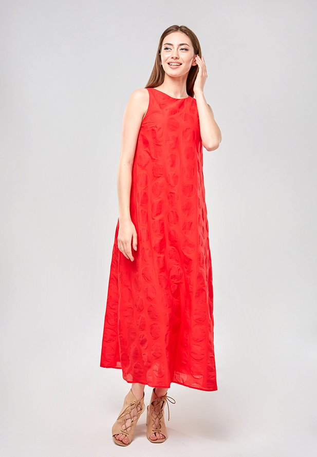 Длинное платье ORA красного цвета в прозрачный горошек., (42-44) S