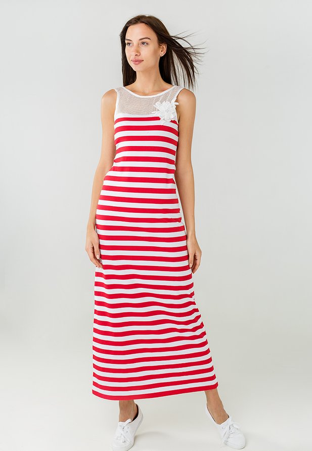 Длинное платье ORA из трикотажа в полоску, красного цвета., (50-52) XL