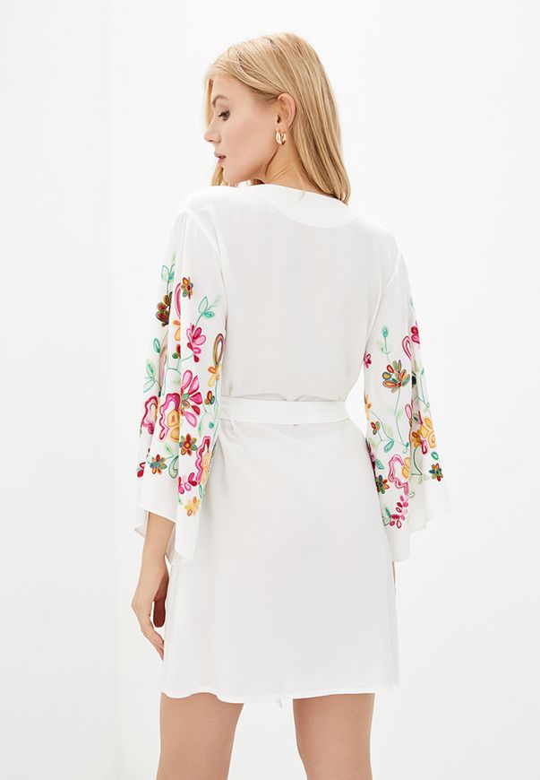 Короткий пляжный халат ORA белого цвета с цветочной вышивкой на рукавах, (50-52) XL