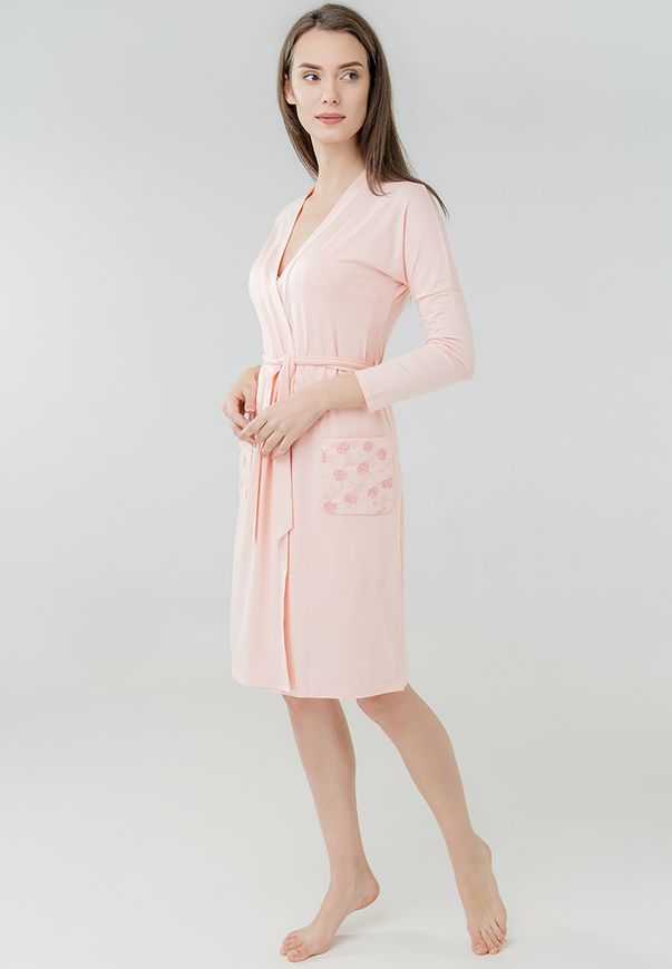Халат женский ORA с длинным рукавом, розового цвета и вышивкой на карманах., (42-44) S