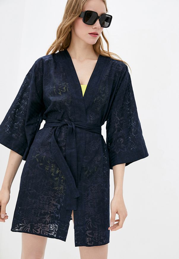 Пляжный короткий халат-кимоно ORA из фактурного хлопка темно-синего цвета, (42-44) S