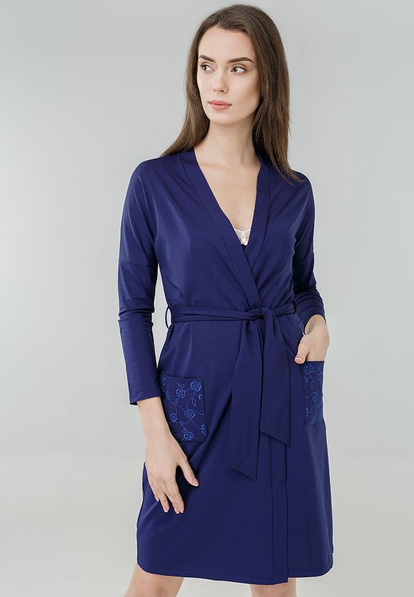 Халат жіночий ORA з довгим рукавом, темно-синього кольору та вишивкою на кишенях., (42-44) S