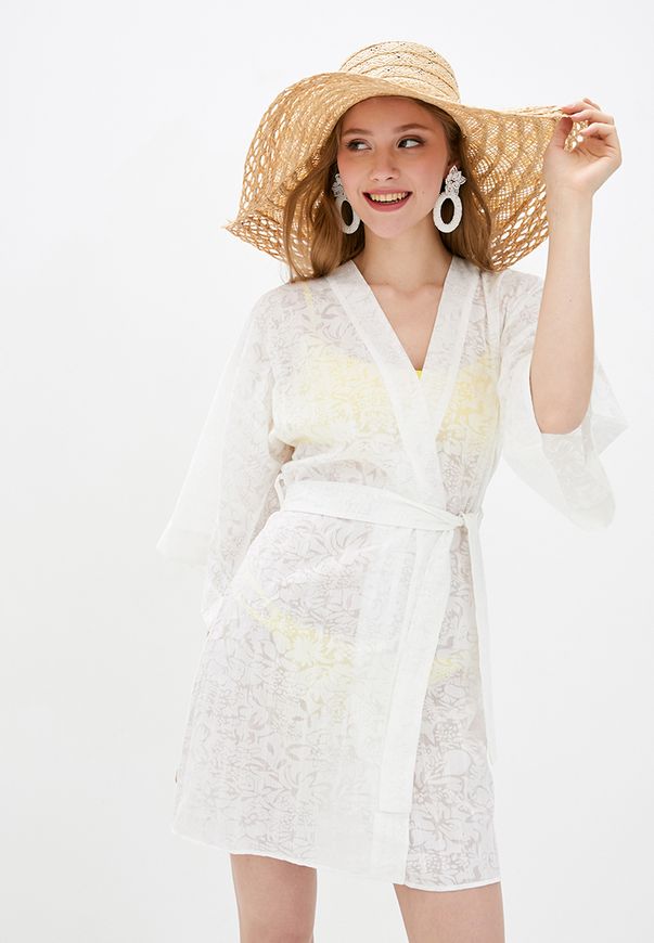 Пляжный короткий халат-кимоно ORA из фактурного хлопка белого цвета, (42-44) S