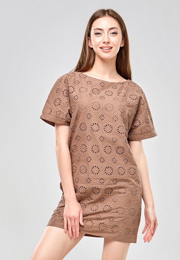 Короткое платье ORA из прошвы, светло-коричневого цвета., (46-48) M