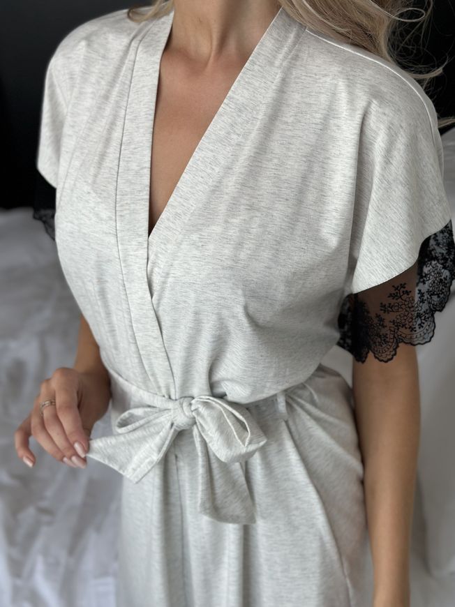 Жіночий халат трикотажний ORA сірого меланжевого кольору з чорним мереживом на рукавах., (50-52) XL