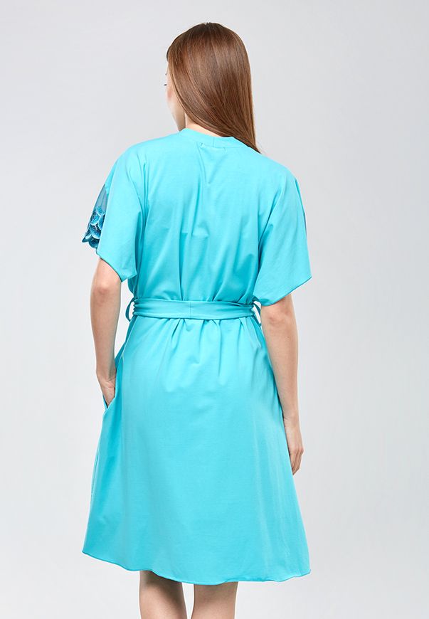 Домашній халат ORA бірюзового кольору із мереживними вставками на коротких рукавах., (48-50) L